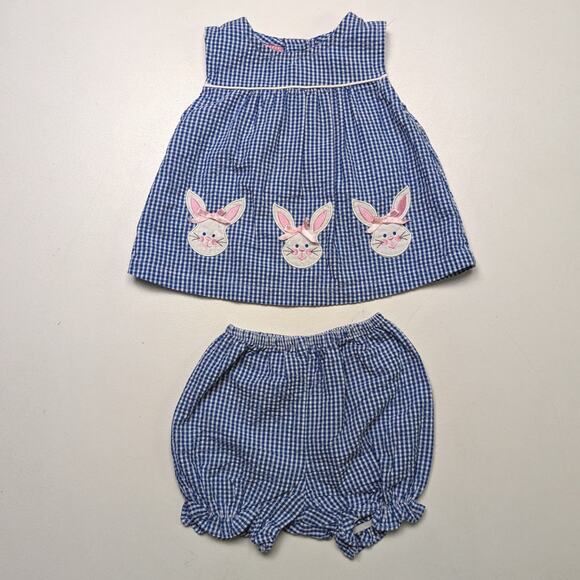 Vintage Ellemenno Outfit Baby Girls Size 6-9m Blue Gingham Seersucker Rabbit - Picture 1 of 5